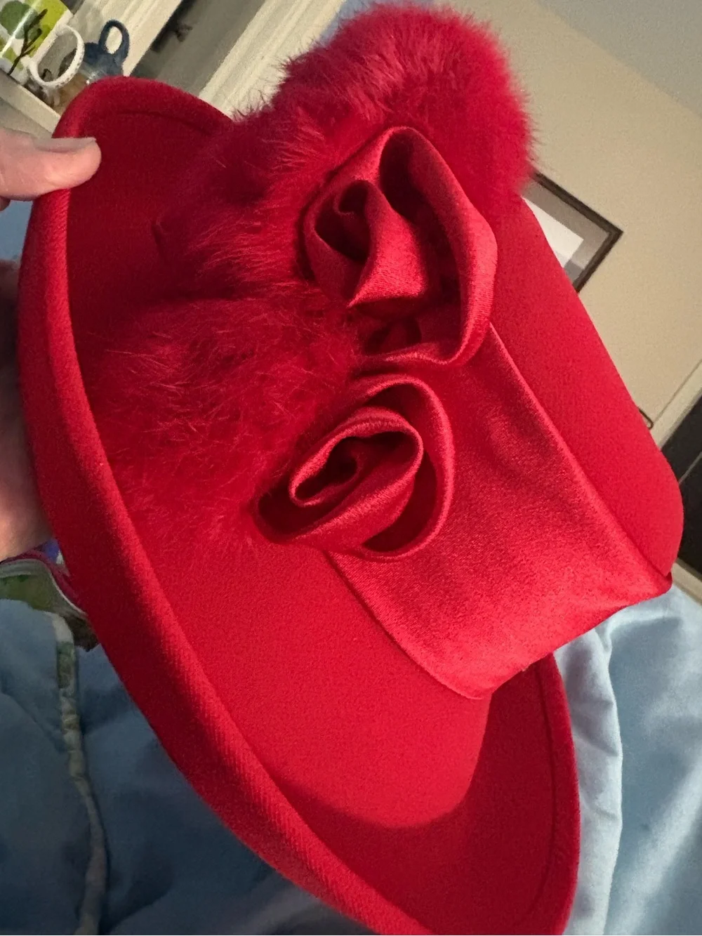 Vintage ML Studio 100% Wool RED Hat Silk Rosettes Mink Pom Poms Fascinator WOW